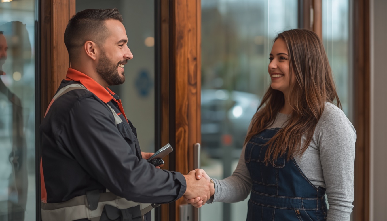 Smiling customer shaking hands with a locksmith, showcasing a sense of relief