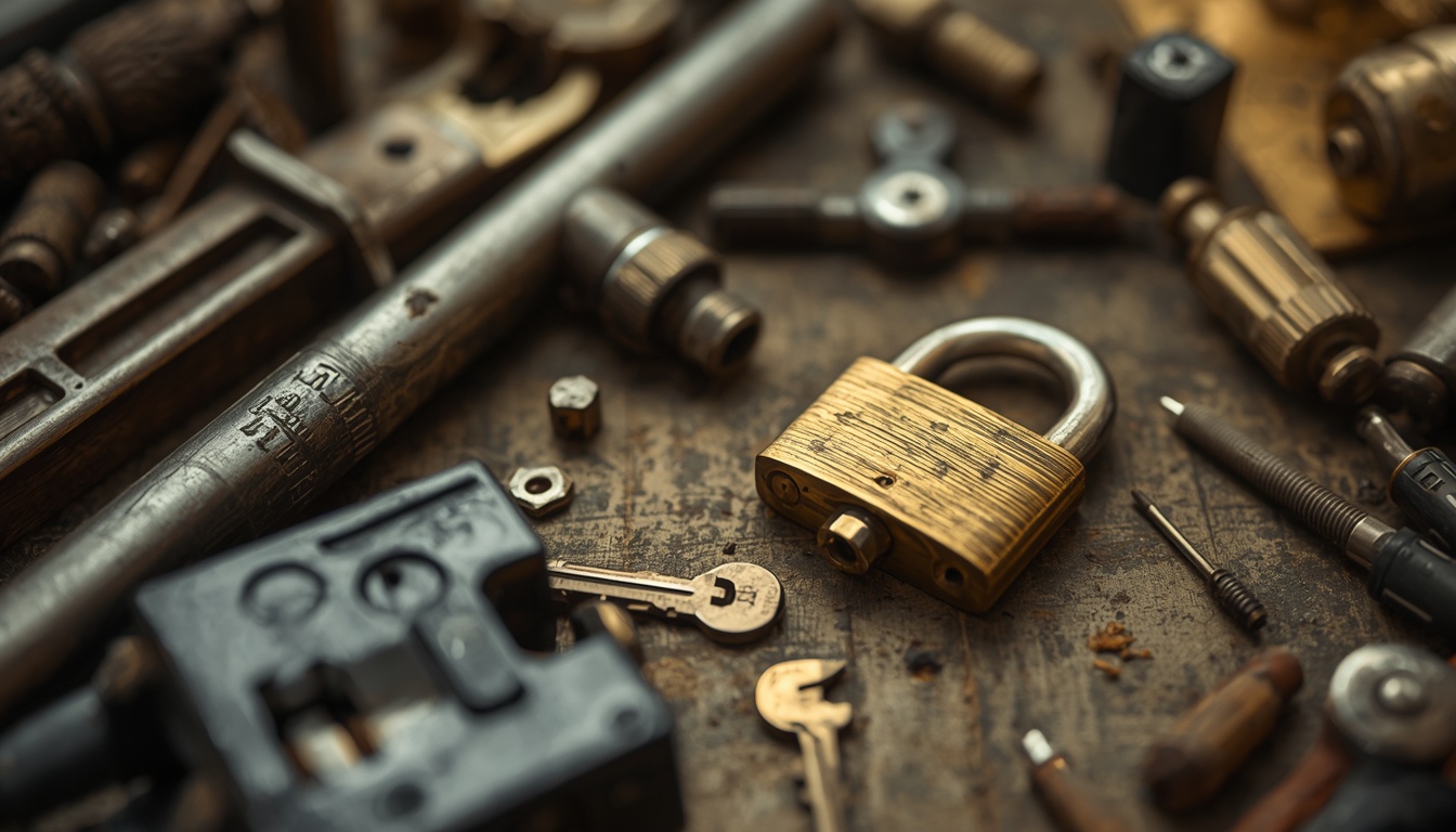 Close-up of locksmith tools and a dismantled lock on a workbench